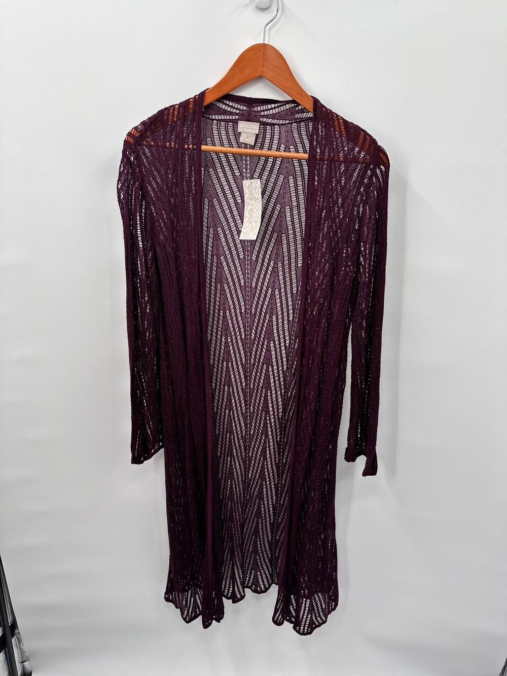CHICOS NWT Novelty Stitch Lightweight Purple Long Length Cardigan // M